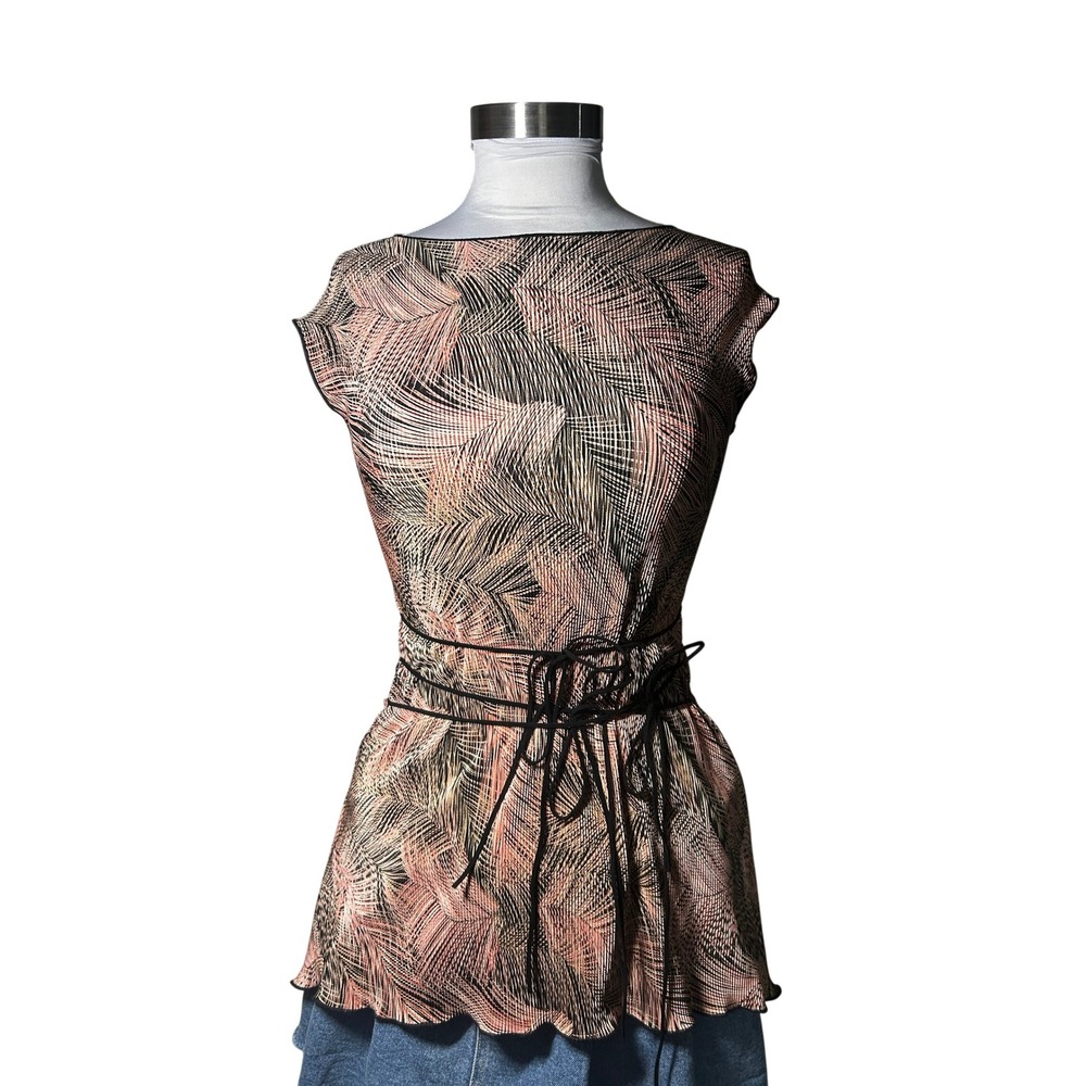 Vintage Connected Petite Blouse 8P Pink Black Palm Leaf Print Wrap Waist Tie Y2K